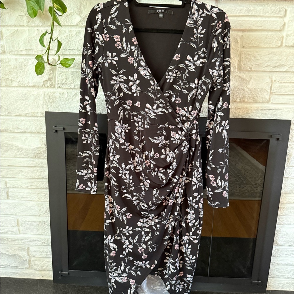 Guess Black and White Long Sleeve Wrap Dress